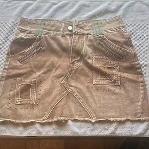 Casual Tan Denim Mini Skirt with Front Overlap